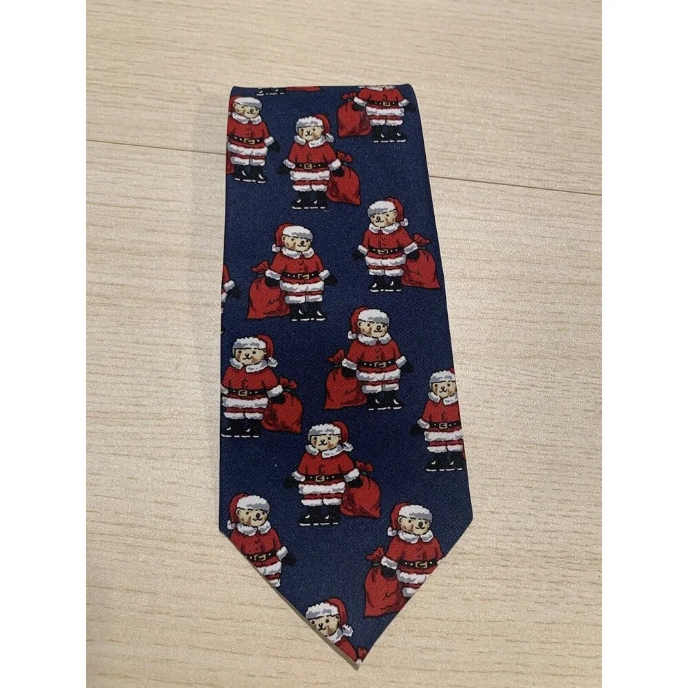 Renaissance Santa Teddy Bear Christmas Tie Blue Print Amals Hand Made Used